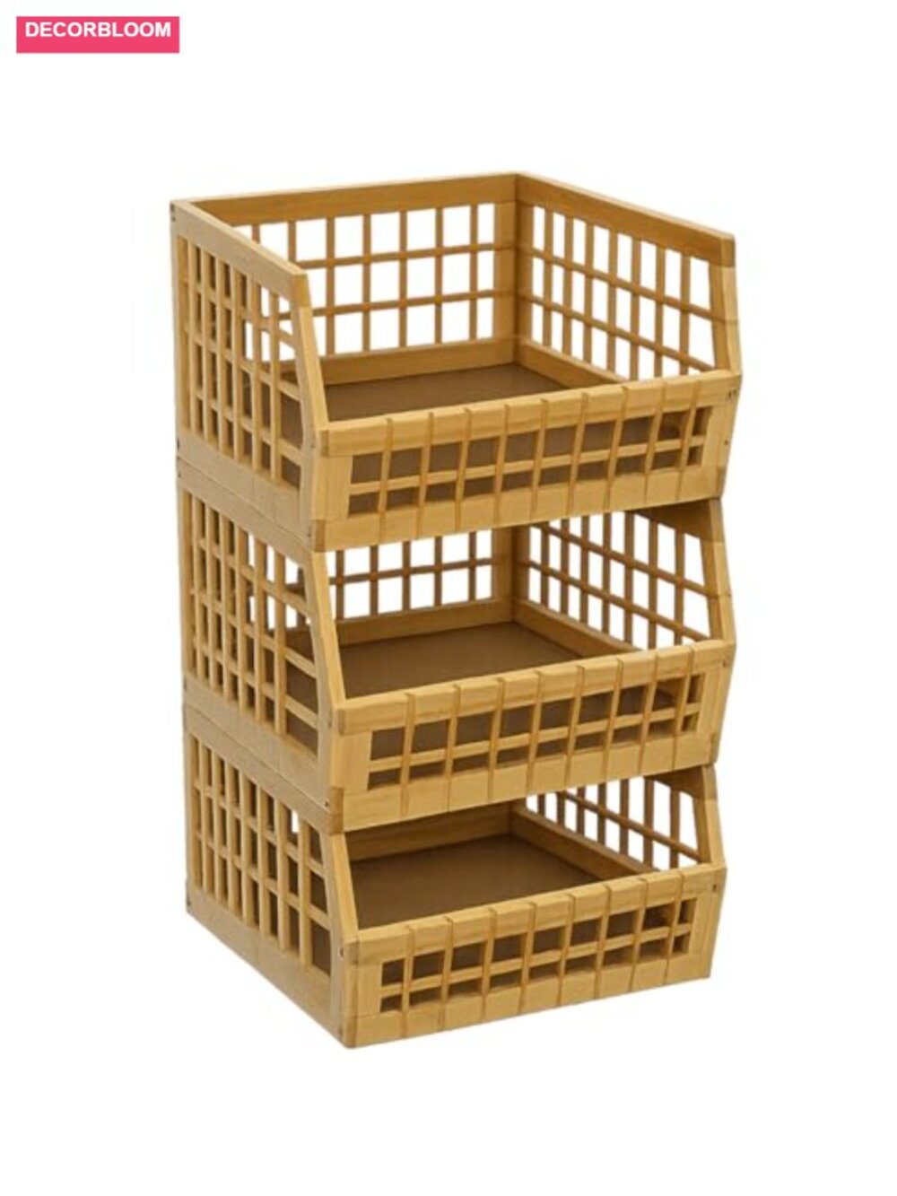 Large Bamboo Stackable Storage Bins Open Front Lattice Set of 3